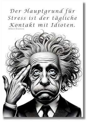 CLEAN SPORTS Albert Einstein Poster DIN A2 – schwarz/weiß Wandbild mit Zitat – Perfekt für Büro, Wohnzimmer & Arbeitszimmer - Der Hauptgrund für Stress ist der tägliche Umgang mit Idioten (DinA2)