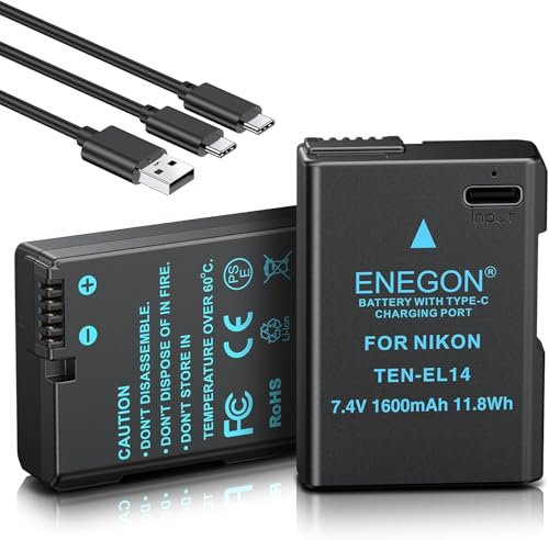 ENEGON EN-EL14 Type C Chargeur Port Batteries 1600mAh Compatible avec Nikon Batterie EN-EL14/EN-EL14a,Nikon D5300, D5600, D5100, D5200, D3100, D3200, D3300, D3400, D3500