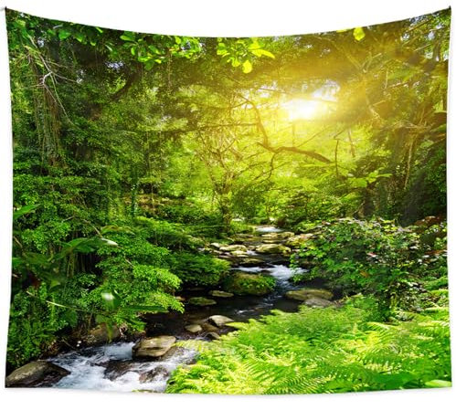 fkngcp Tapestry 59x39 Green Forest Wall Tapestry with Sunlight & Stream Polyester Backdrop with Installation Tools Decorative for Bedroom, Living Room, Party