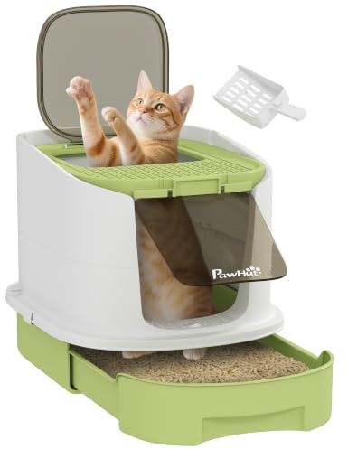 PawHut Cat Litter Tray with Lid, Cat Litter Box, Scoop, Top Entry, Green | Deodorisation Bags, Drawer Pan