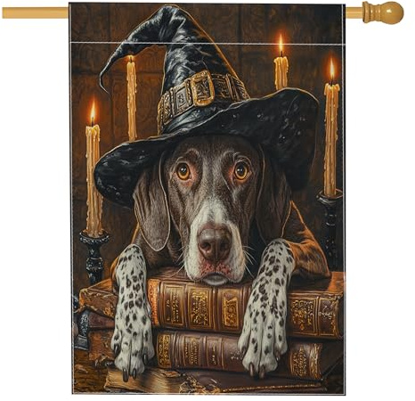 Halloween-Hexe mit kurzhaarigem Zeiger, Hund, Vorgarten, Hinterhof, Leinen, vertikale Hausflaggen, 71,1 x 101,6 cm, doppelseitig für draußen, magisches Buch, Kerze, Welpe, Heimdruck, Flagge