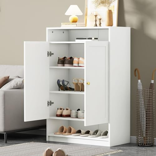 YAIXBNG Moderne Schuhschrank, mit verstellbaren Regalen, goldenen Griffen, Schuhkommode mit 2 Türen, weiß, B73/D34/H109