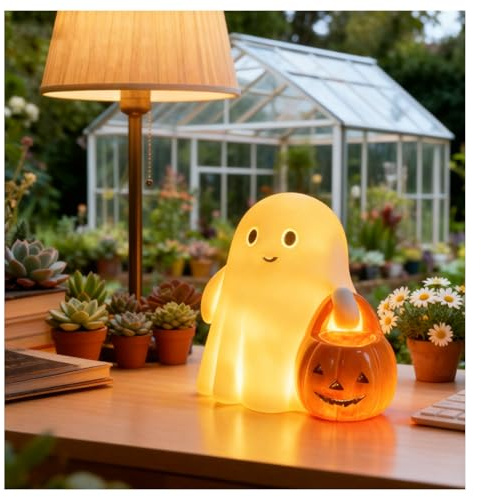 Dongcill Halloween Deko Geist Kürbis Nachtlicht,Batteriebetrieben | Harz Leuchtender Geist Mit Kürbis,Halloween Deko Geister Figuren, Deko Innen Geisterlampe,Party Dekoration