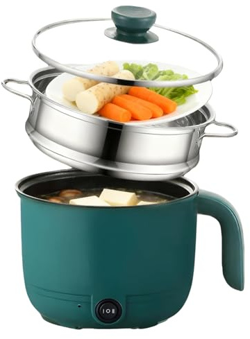 Pentola elettrica, 1,5 litri con vaporiera, mini pentola elettrica, pentola portatile rapida per zuppe, multicooker antiaderente portatile per casa, ufficio, casa degli studenti, 600 W, 220 V, verde