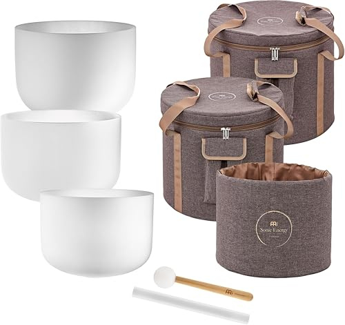 Meinl Sonic Energy Crystal Singing Bowls, Set of 3 — Frosted Quartz with Mallets, Bag, O-Rings — for Meditation, Yoga, Sound Baths, Chakra Healing