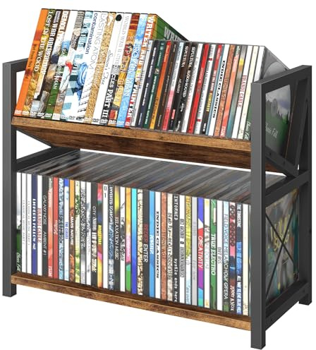 ELITEROO 2-Tier CD Holder, Wooden DVD Storage Rack for Display, Tilting CD Shelf Holds Up to Standard CDs 80 Cases or DVDs 56 cases, Retro Desk DVD Organizer Tower for Music Enthusiasts, Rustic Brown