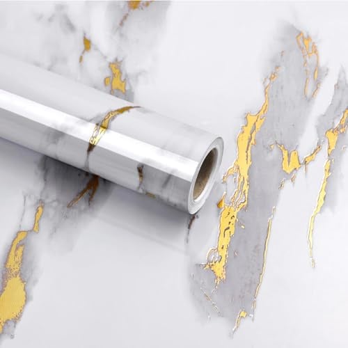 wishFIRE Marmor Möbelfolie Selbstklebend Weiß Gold (40x200cm) - Dicke Marmoroptik Tapete Selbstklebend & Wasserfest, Hochglanz Vinylfolie für Küche & Möbel