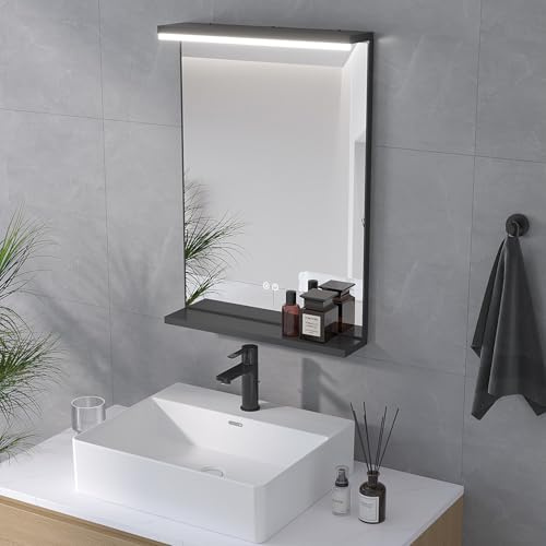 AQUABATOS Badspiegel mit Beleuchtung und Ablage 50 x 70 cm Schwarzer Rahmen Led Bad Spiegel Badezimmerspiegel Beleuchtet Beschlagfrei, Touch-Schalter, Kaltweiß, Dimmbar, für Wandschalter