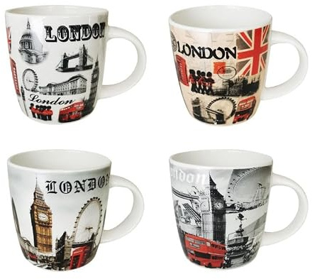 London Souvenir Mug Set of 4, 9cm Ceramic Coffee Tea Mugs, Assorted London Landmark Designs, Union Jack Travel Gift Cups, Collectible UK Souvenir Mug Pack