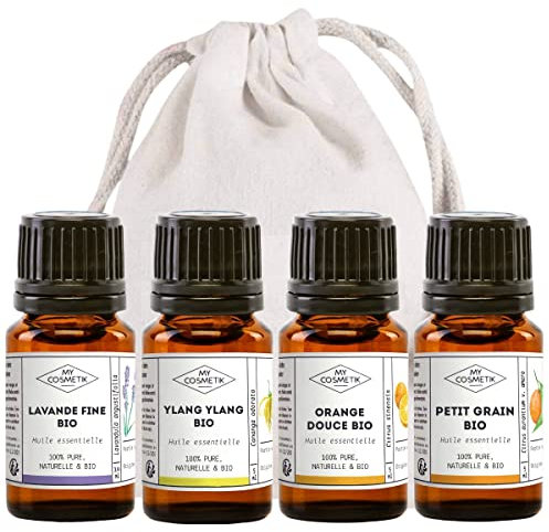 MY COSMETIK - Anti-Stress- und Entspannungspaket - Set mit 4 ätherischen Ölen zum Verteilen - Feiner Lavendel - Petit Grain - Ylang Ylang - Süße Orange - 4 x 5 ml + Beutel aus 100% Baumwolle