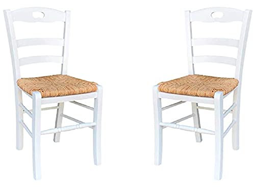 Silla LOIRE de madera maciza con asiento de paja, juego de 2 piezas (lacado blanco)