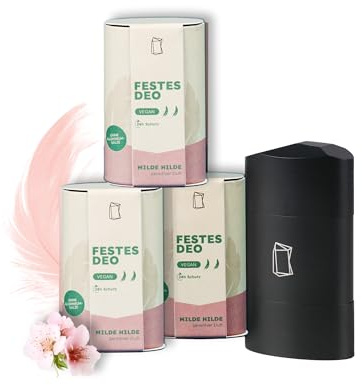 Duschbrocken Festes Deo Starterset - 3x Milde Hilde Deodorant mit Deo-Behälter - Herb & Frisch - 24h Schutz ohne Aluminium - Vegan & Plastikfrei - 316g