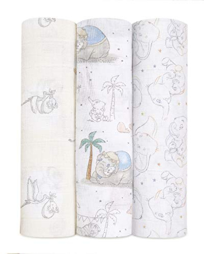 aden + anais Pucktücher, Baby-Decken aus 100% Baumwoll-Musselin für Neugeborene Mädchen & Jungen, Wickeltücher-Set für Säuglinge & Kleinkinder, 120x120cm, 3er-Pack, My Darling Dumbo
