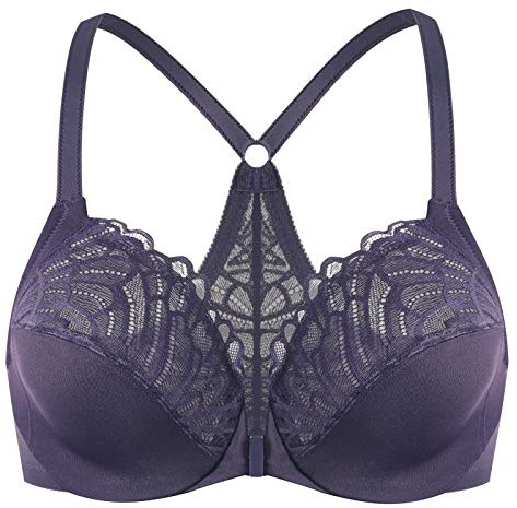 MELENECA Women's Front Fastening Racerback Plus Size Stretch Lace Underwire Unlined Bras Purple 36B