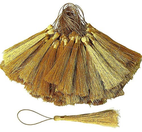 QincLing 100 Stück handgefertigte gerade Quaste, goldene seidige Quasten, Schlüsselanhänger, Quasten-Anhänger, Bastelquasten für die Herstellung von Schmuck, Souvenirs, Lesezeichen, DIY-Bastelzubehör