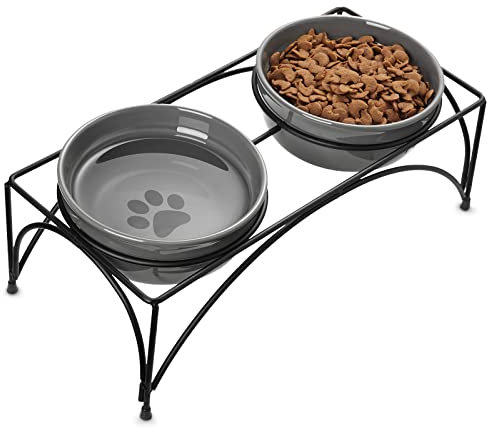 Y YHY Large Raised Double Ceramic Dog Bowls - 24oz, for Small/Medium/Large Dogs or Cat, Food & Water Bowl Set, Grey