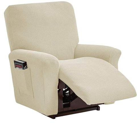 TOPCHANCES Sessel überzug Stretch,Sesselschoner mit Taschen Wohnzimmer,Einfarbig Samt Elastisch Sesselbezug Komplett Sesselbezug,Angepasster für Fernsehsessel Bezug(Liegestuhl, Beige)