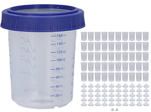Paint Spray Gun Cup, 160ml Paint Spray Gun Cup Liners and Lid System Leakproof Spray Gun Mixing Cup with 50 Disposable Inner Cups, 50 Lids and 2 Stoppers Fits for Primers Epoxies