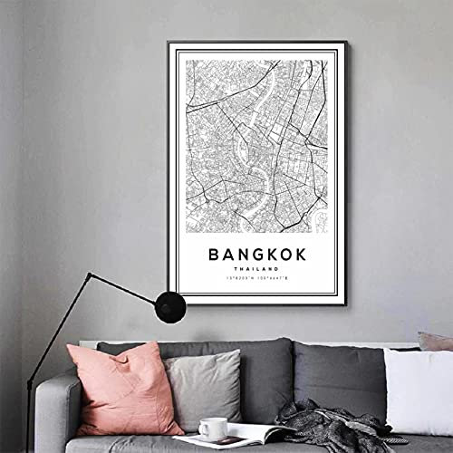Schwarz-Weiß-Bangkok-Karte, nordischer Thailand-Stadtplan, Wandkunst, gedruckte Bilder, Poster und Drucke für Heimdekoration, 60 x 80 cm (23,6 Zoll x 31,4 Zoll), ohne Rahmen