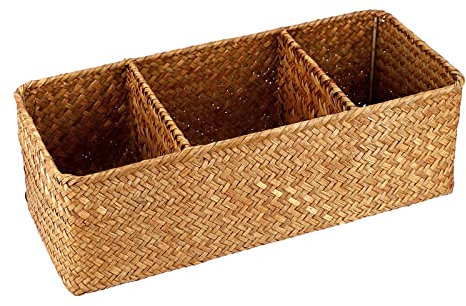 IGNPION 3-compartment Seagrass Storage Basket Woven Desktop Basket Rectangular Organiser Box Shelves & Desks Decorative Baskets for Sundries Stationery Toys Cosmetics, Caramels