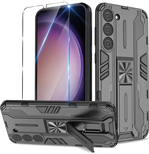 Btstring Funda para Samsung Galaxy S23 Plus con Cristal Templado Protector Pantalla, Carcasa Protectora Antigolpes con Soporte Reforzado- Negro