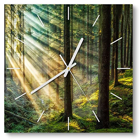 DEQORI Glasuhr | 30x30 cm | Motiv Licht durchbricht Bäume | ausgefallene leise Design Uhr aus Glas | Wanduhr für Wohnzimmer & Küche | moderne Hingucker Uhr für die Wand