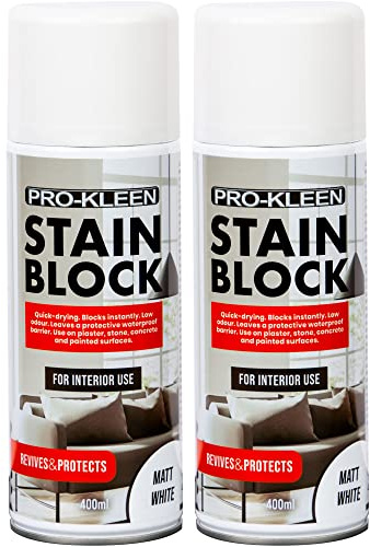 Pro-Kleen Stain Block Spray Paint Primer - Covers Mould, Grease, Nicotine & Rust Stains - For Walls & Ceilings - Leaves a Waterproof Barrier - White Matt (2 x 400ml)