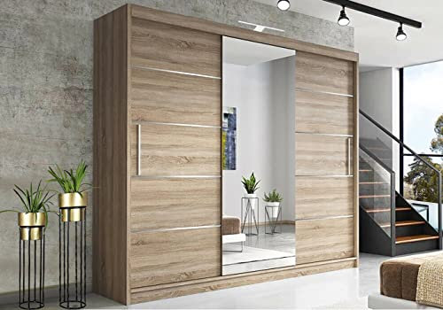 RAC3 Race to Road Stylish Bedroom Sliding Wardrobe with LED Light - Ample Storage Space and Sleek Design comes in White/Grey/Black/Oak and Width 150cm/180cm/203cm/250cm (Oak, 250cm)