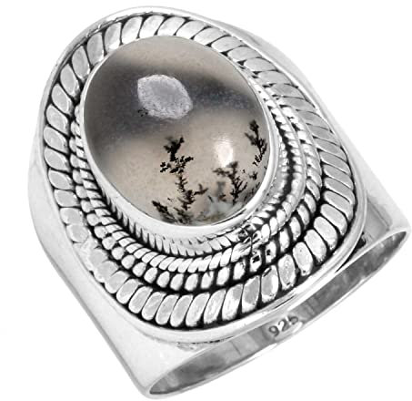 Jeweloporium Grauer Dendrit Achat Silberring Größe 65 (20,7), 925 Sterling Silber Ring für Frauen, Natürlicher ovaler Edelstein Boho Schmuck