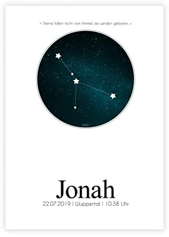 Personalisiertes Bild „Sternzeichen” mit Geburtsdaten, zur Geburt, Horoskop, Baby, zur Taufe, Kinderzimmer, Deko verschiedenen Farben, mit und ohne Bilderrahmen (Blau)