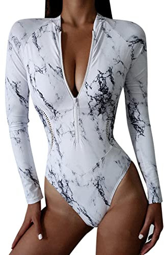 KBOPLEMQ Bañador de una pieza para mujer, con cremallera y manga larga, con sujetador de manga larga, con protección UV, UPF 50+, Blanco, S