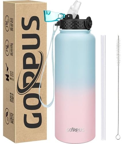 GOPPUS 1.2L/40oz Stainless Water Bottle with Straw Double Wall Insulated Bottles with Strap Large Vacuum Thermal Flask Leakproof Keep Cold Drinks Bottles with Flip Top Lid for Men Women BPA Free