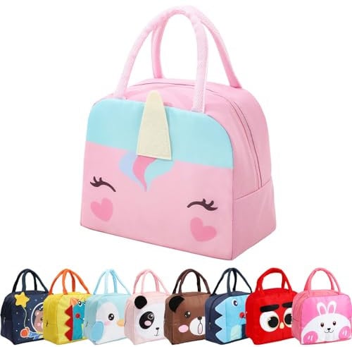Runmeihe Bolsa Nevera Pequeña Para Niños Niñas Niños Estudiantes, Lunch Bag Reutilizable con Aislamiento,Pequeñas Bolsas de Almuerzo Impermeables Plegables para Viajes Picnic Escuela (Dark Pink Pony)
