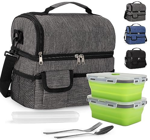Bolsa Termica Porta Alimentos 10L Bolsa Almuerzo Bolsa de Enfriamiento Portátil Bolsa Isotérmica con 2 Contenedores y 1 Juego de Cubiertos para Oficina, Escuela, Exterior(Gris, 2 Contenedores)-X