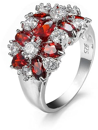 MIATCENRT Schmuckringe Für Frauen – Blumen-Zirkon-Granat-Ring, Europäische Und Amerikanische Damen-Versprechen-Statement-Schmuck-Accessoires Für Freundin-Geschenke, Rot, 6