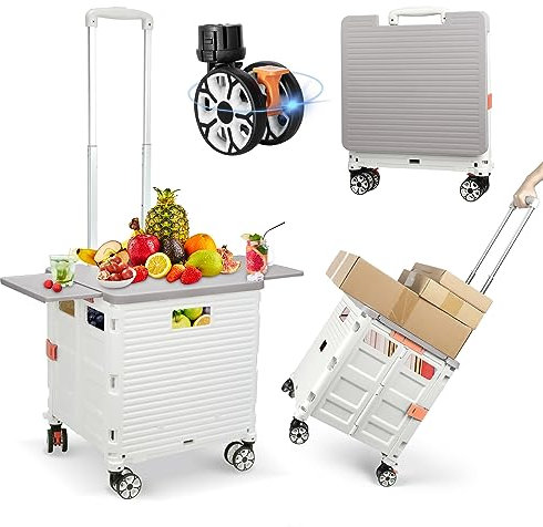 Faltbarer Einkaufswagen, Zusammenklappbarer Tragbarer Nutzwagen, Tragetasche mit Magnetischem Deckel, Rollende Kiste mit Ausziehbarem Griff, 360° Drehbare Räder, Leichter Aufbewahrungskorb - Weiß