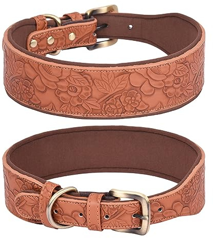 haoyueer Hundehalsband aus Leder, für große Hunde, mittelgroße Hunde und kleine Hunde, PU-Lederhalsband für Hunde, geprägter Druck, Leder-Hundehalsbänder (M, Braun)