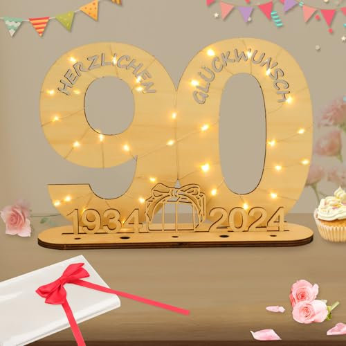 Seutgjie Deko 90 Geburtstag Mann Frau Originelles Geldgeschenke Holzschild Gästebuch mit LED Lichterkette Fliege und Geschenkpapier Gästebuch für Männer Frauen Jubiläum Tischdeko 1934-2024