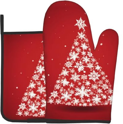 Set di guanti da forno e presine a tema albero di Natale bianco resistente al calore, ideale per cuocere, cucinare e barbecue