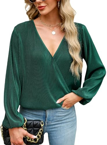 CUPSHE Damen Blusen V-Ausschnitt Wickeloptik Plissee Oberteile Langarmshirt Falten Tunika Wickelbluse Tops Waldgrün L