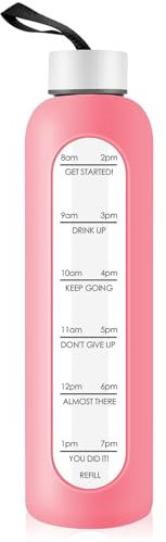 1 Liter Glas Wasserflasche mit Edelstahldeckel, 1000ml Sport-Trinkflasche mit Zeitmarkierung, wiederverwendbare Silikonhülle Flasche für Fitnessstudio, Outdoor-Aktivitäten, Reisen Workout (Rosa)
