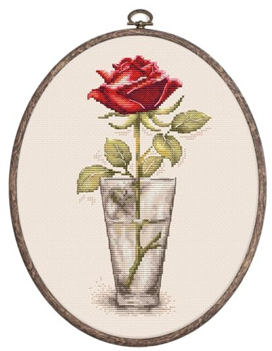 Luca-S Cross Stitch Kit with Hoop Included Rose Mister Lincoln, BC235, Counted Cross Stitch Kit for Adults, Needlecraft and Embroidery Kit