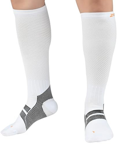 ZaTech Plantarfasziitis Kompressionsstrümpfe für Herren & Damen, Sport Kompressionssocken. (Weiß/Schwarz, 45-47)