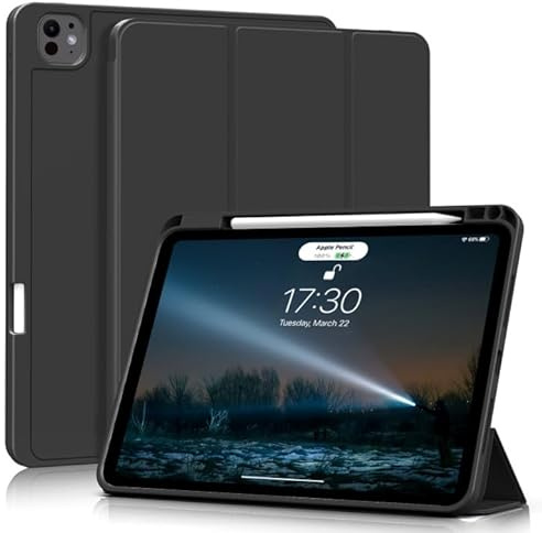 KVTVOU Case for iPad Air 13 M4 M3 M2 / iPad Pro 12.9 2022/2021, Black | Dual-Angle Stand, Soft TPU Shockproof Cover, Pencil Holder(Support Charging), Auto Wake/Sleep, Support Touch ID