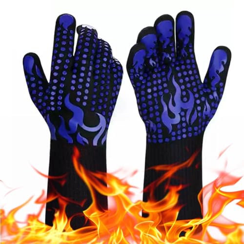 BBQ Gloves, Oven Mitts - Heat Resistant Silicone Non-Slip Long Kitchen Gloves for Barbecue, Cooking, Baking, Cutting (Blue)