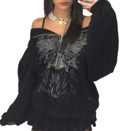 Damen Y2k Grunge Skull Graphic Zip Up Hoodies Emo Goth Skelett Jacke