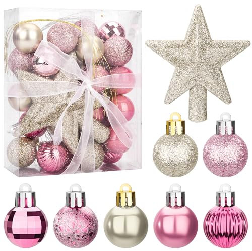 Palline di Natale, 30 Pezzi Mini Palle Decorazioni per Albero di Natale, Ornamento in Plastica Addobbi Natalizi, Decorative per Feste di Matrimoni (Oro bianco Rosa)