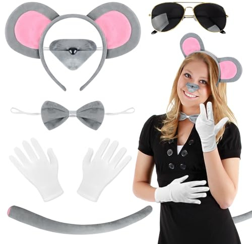 Ensemble de 6 costumes de souris, pour femme, costume d'animal pour adulte, oreilles de souris, serre-tête, queue de rat, nez, nœud papillon, lunettes de soleil, gants pour costume de carnaval