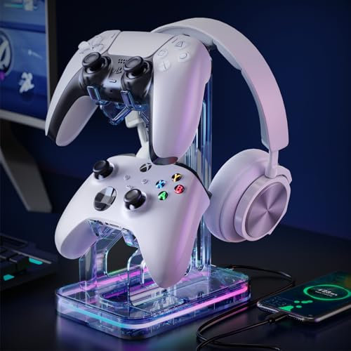 Luckit Gaming Headphones Stand, RGB Headset Stand with 2 USB Charging Ports, Dual Controller Holder with Light Modes, Earphone Hanger Accessories for Desktop Gamer