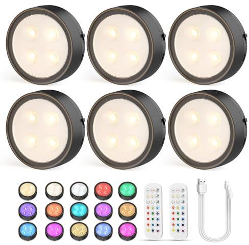 Onumii USB Aufladbar LED Unterbauleuchte Akku Schrankbeleuchtung mit Fernbedienung Magnetisch Kabellos Vitrinenbeleuchtung Dimmbar für Schrank, Kleiderschrank, Küche, Schlafzimmer (6er Pack Schwarz)